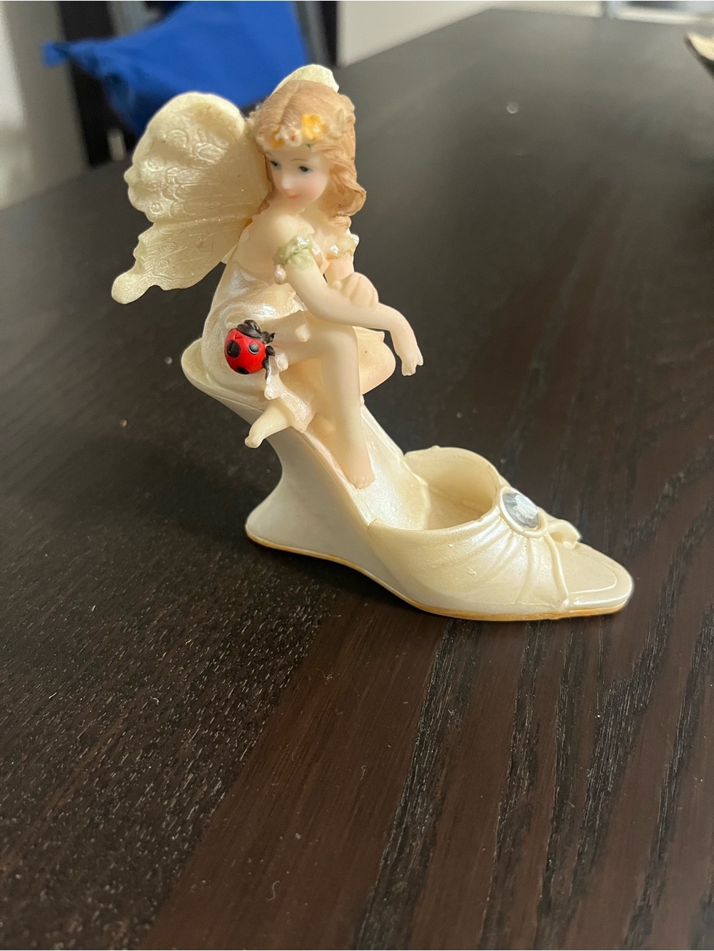 Ivory Fairy Figurine Sitting on Shoe with Ladybug
